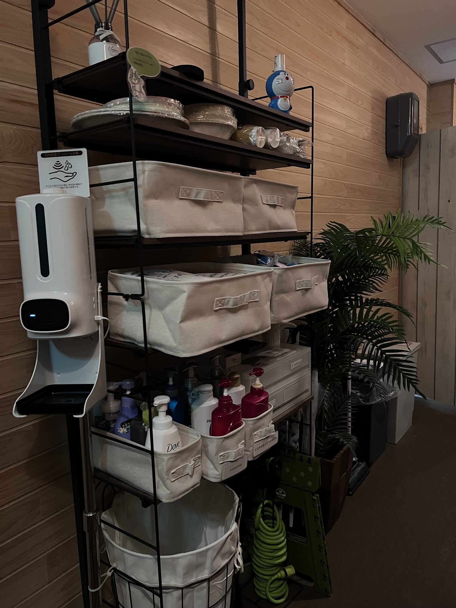 Open amenity shelf in the corridor, free to use