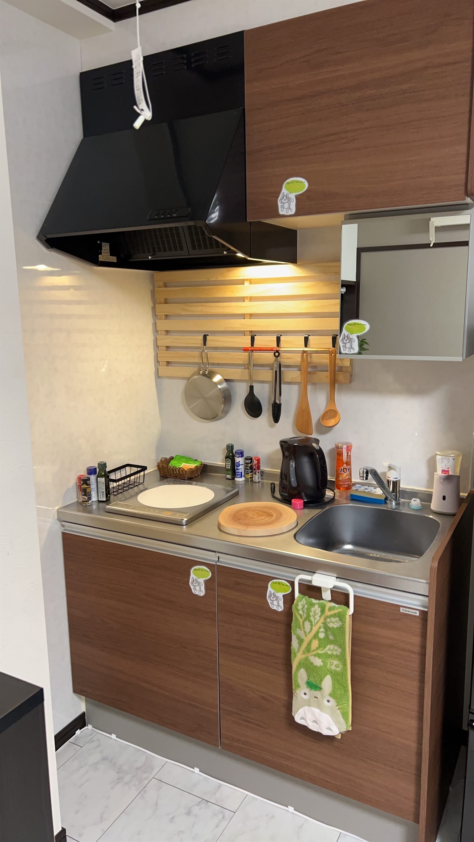 Mini kitchen with IH stove, kettle, utensils and sink
